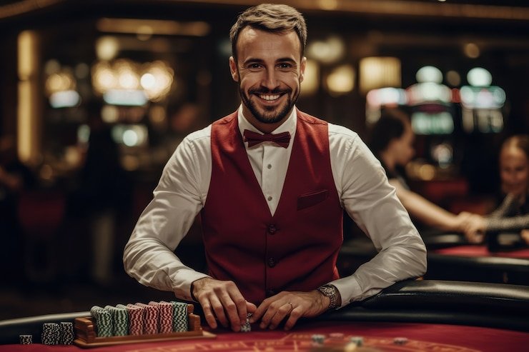 Dealer profesional di studio ngaso77 China Pools menyiarkan permainan blackjack langsung